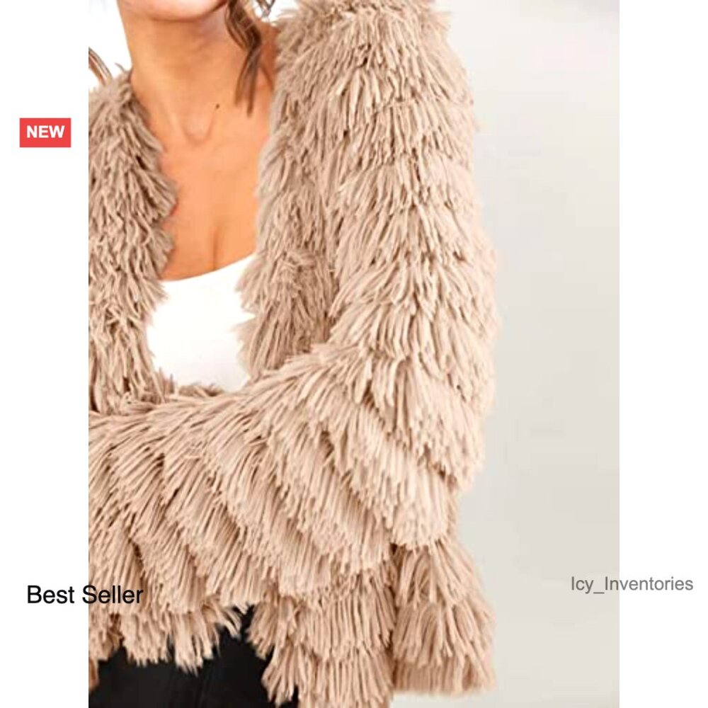 Open Front Faux Fur Cardigan Vintage Parka Shaggy Jacket Coat Y2K Chic - Picture 4 of 7